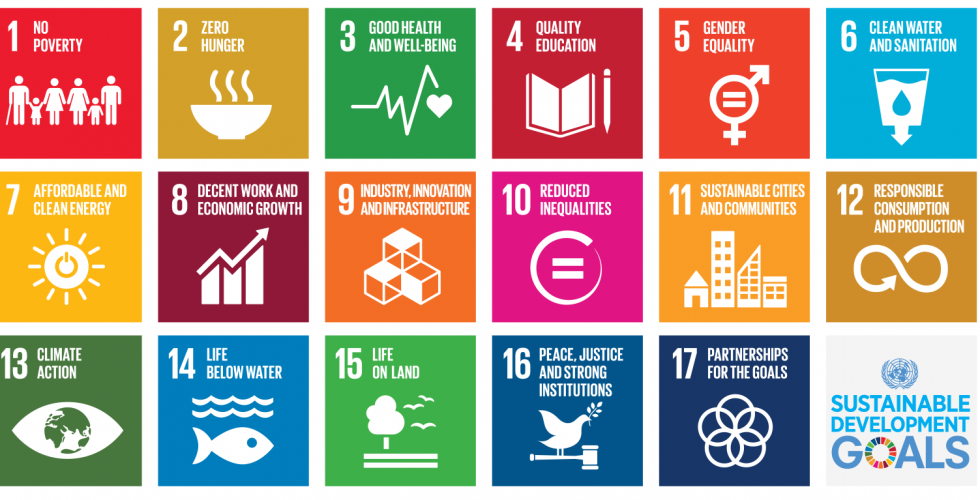 Illustrativ bild över FN:s hållbarhetsmål. Boxar i olika färger.