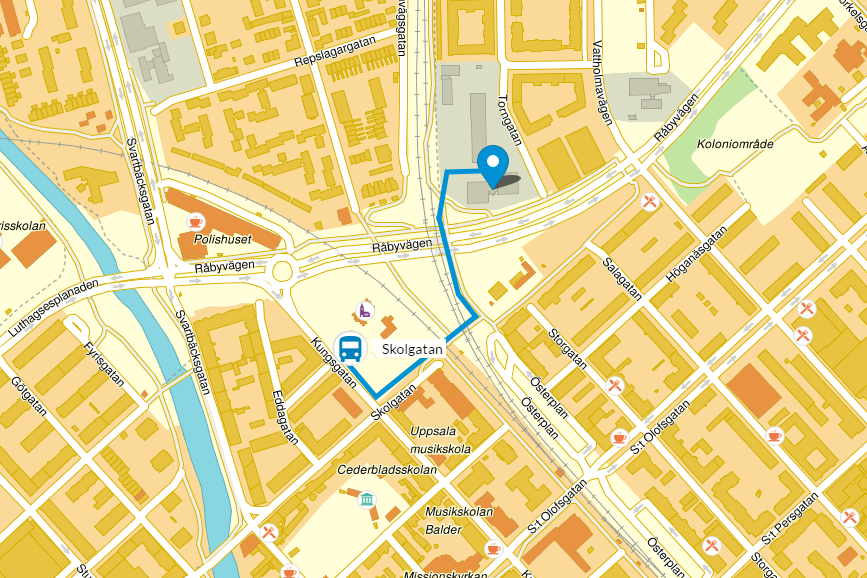 Översiktskarta av gångväåg från busshållplatsenm Skolgatan till RFSL Uppsala på Portalgatan 2B, Uppsala